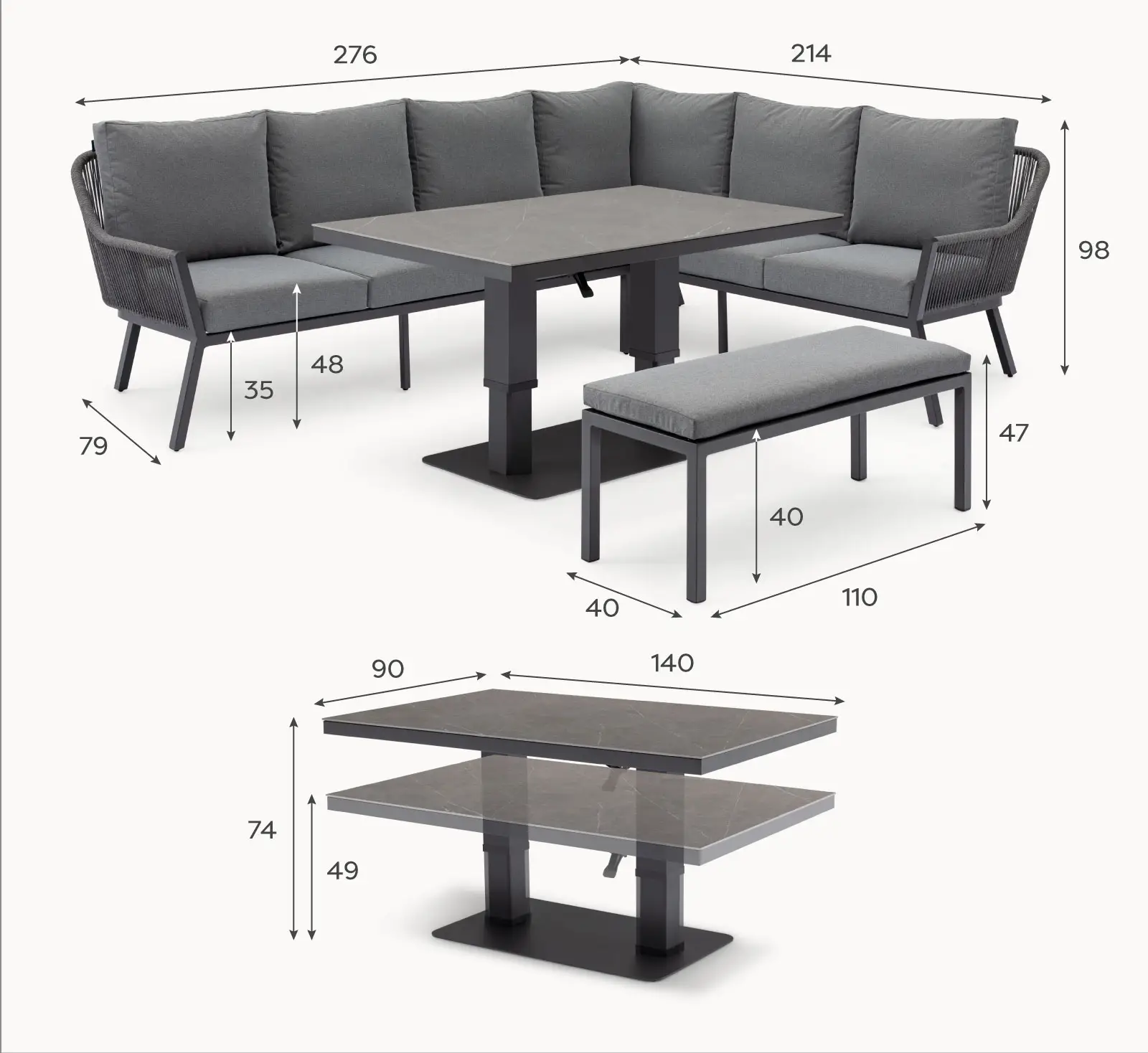Darcey Corner Rope Aluminium Dining Set with Bench - Rising Table