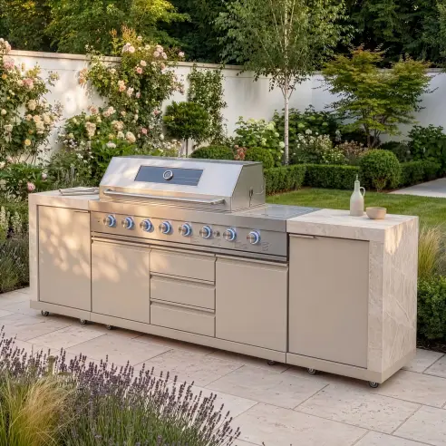 Ember Linear with 6 Burner Gas Grill & Storage Cabinets
