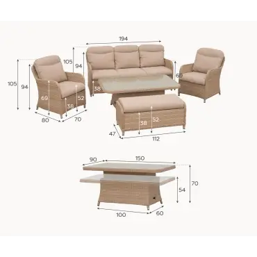 Audrey 3 Seater Lounge Set with 2 Armchairs & Bench - Rising Table