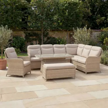 Audrey Corner Rattan Lounge Set with Armchair & Bench - Rising Table