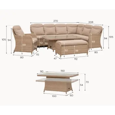 Audrey Corner Rattan Lounge Set with Armchair & Bench - Rising Table