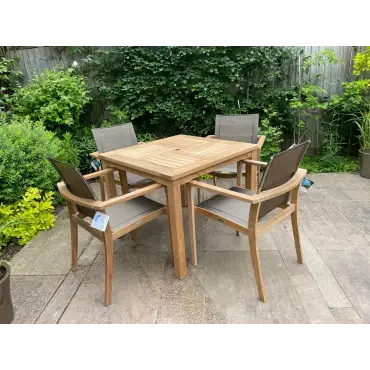 Windsor 90cm Table & 4 TNT Deluxe Stacking Chairs - Certified Teak