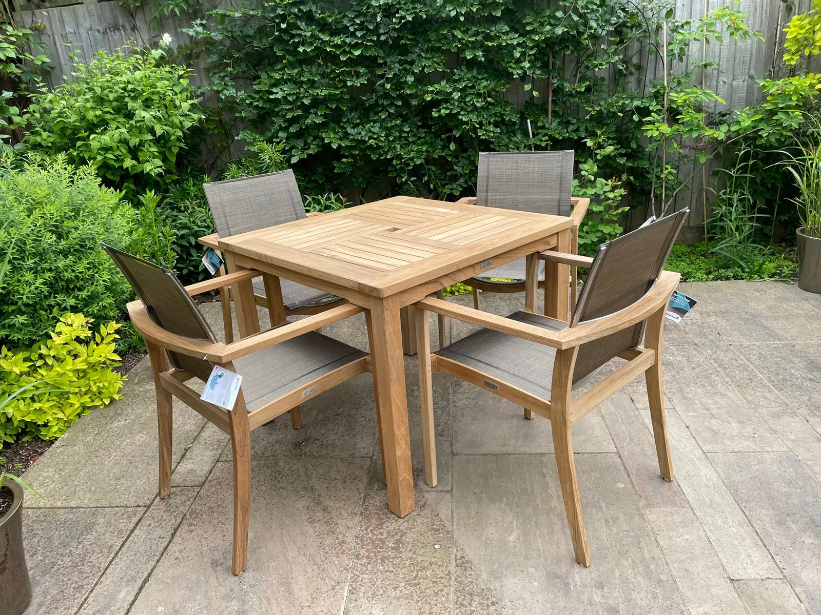 Windsor 90cm Table & 4 TNT Deluxe Stacking Chairs - Certified Teak