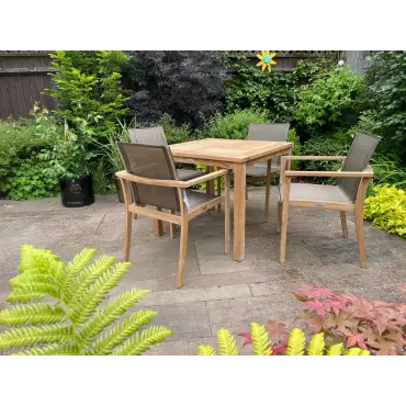 Windsor 90cm Table & 4 TNT Deluxe Stacking Chairs - Certified Teak