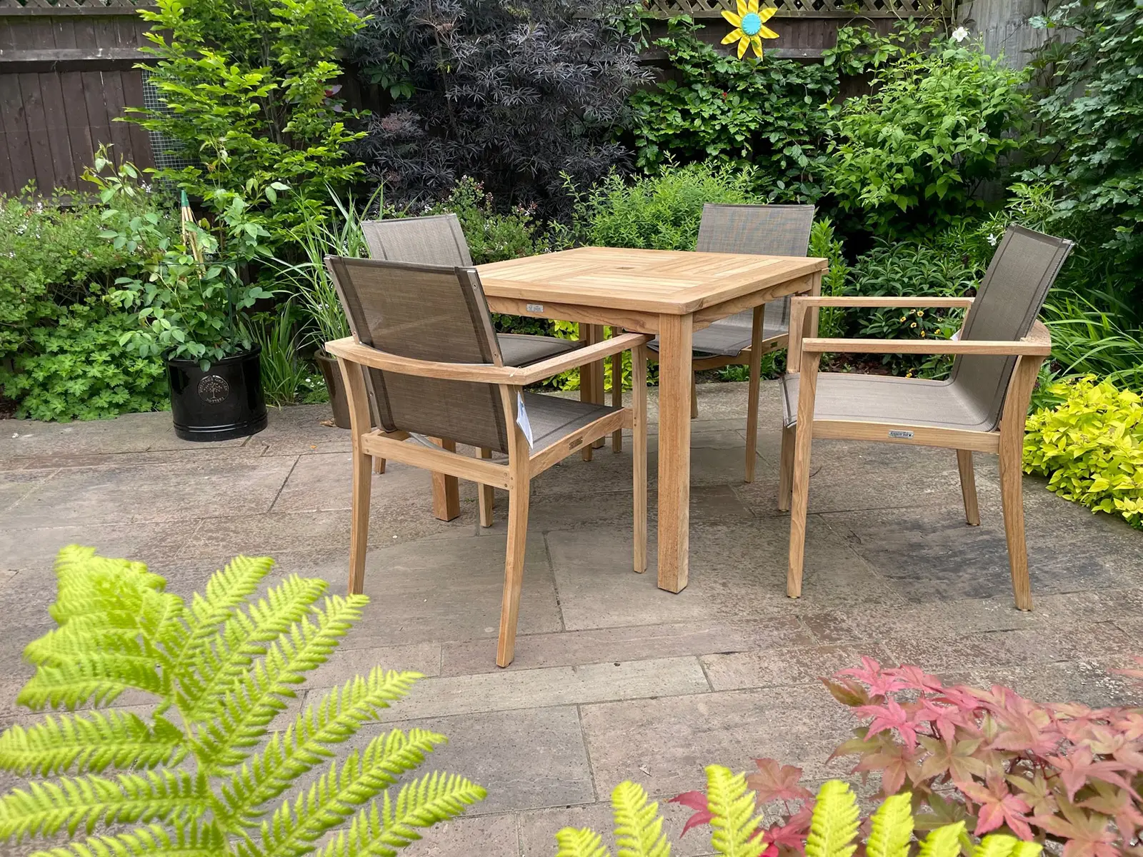 Windsor 90cm Table & 4 TNT Deluxe Stacking Chairs - Certified Teak