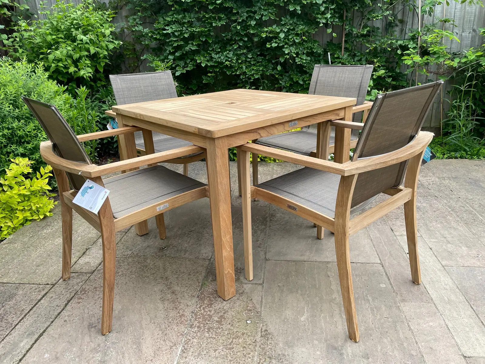 Windsor 90cm Table & 4 TNT Deluxe Stacking Chairs - Certified Teak
