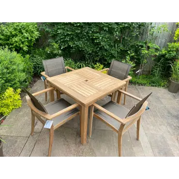 Windsor 90cm Table & 4 TNT Deluxe Stacking Chairs - Certified Teak