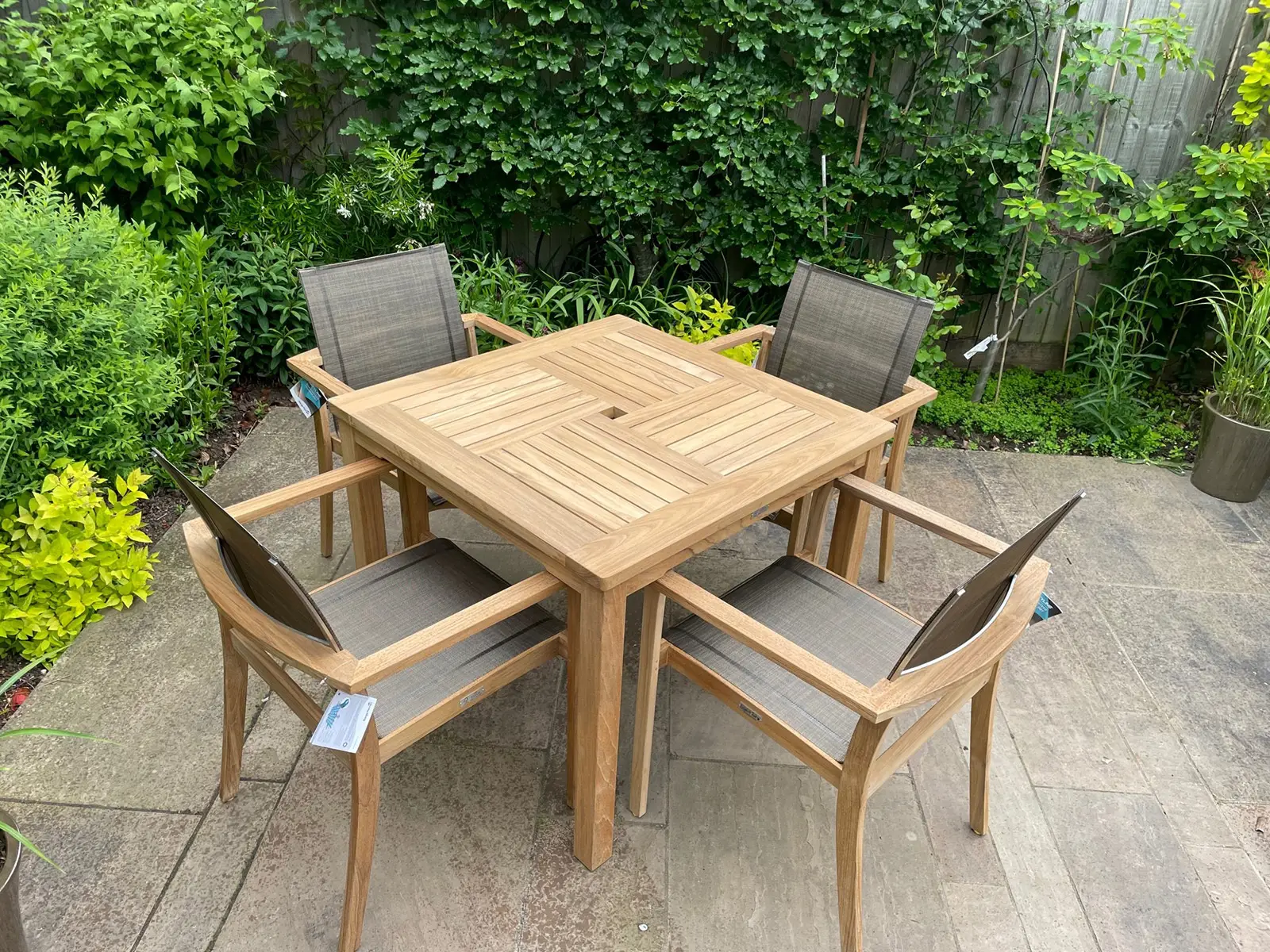 Windsor 90cm Table & 4 TNT Deluxe Stacking Chairs - Certified Teak