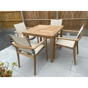 Windsor 90cm Table & 4 TNT Deluxe Stacking Chairs - Certified Teak