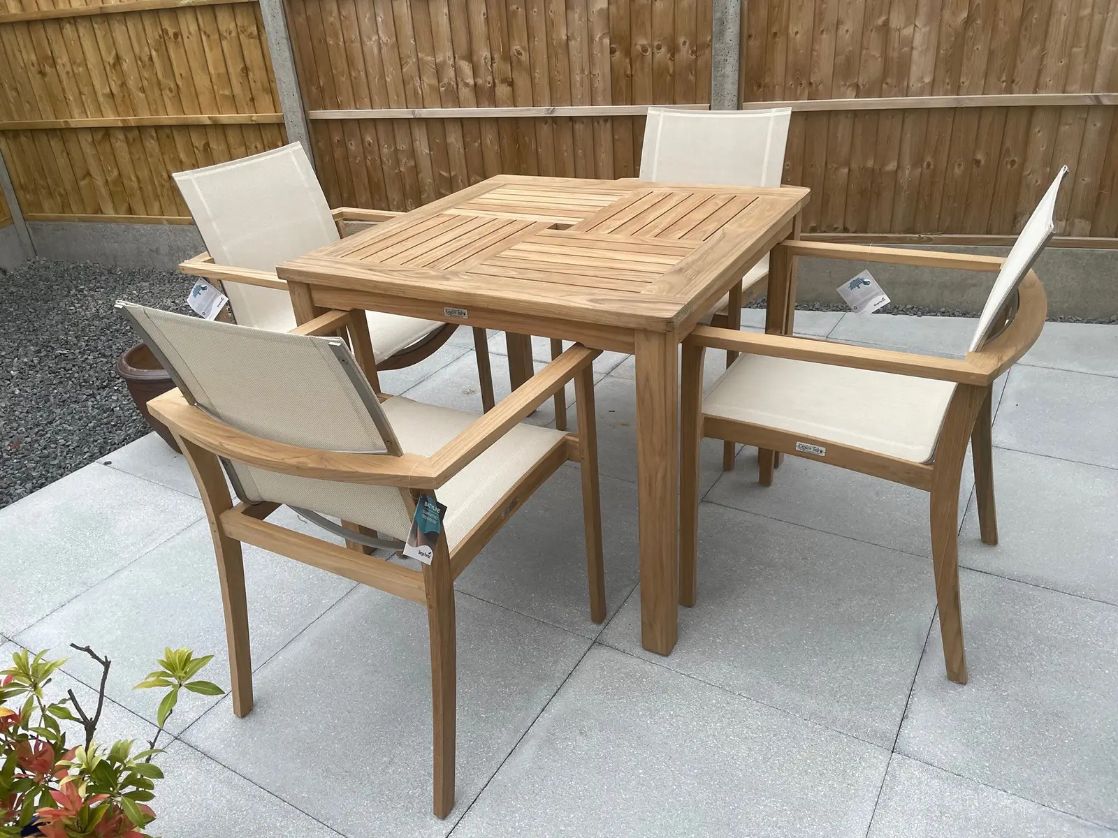 Windsor 90cm Table & 4 TNT Deluxe Stacking Chairs - Certified Teak