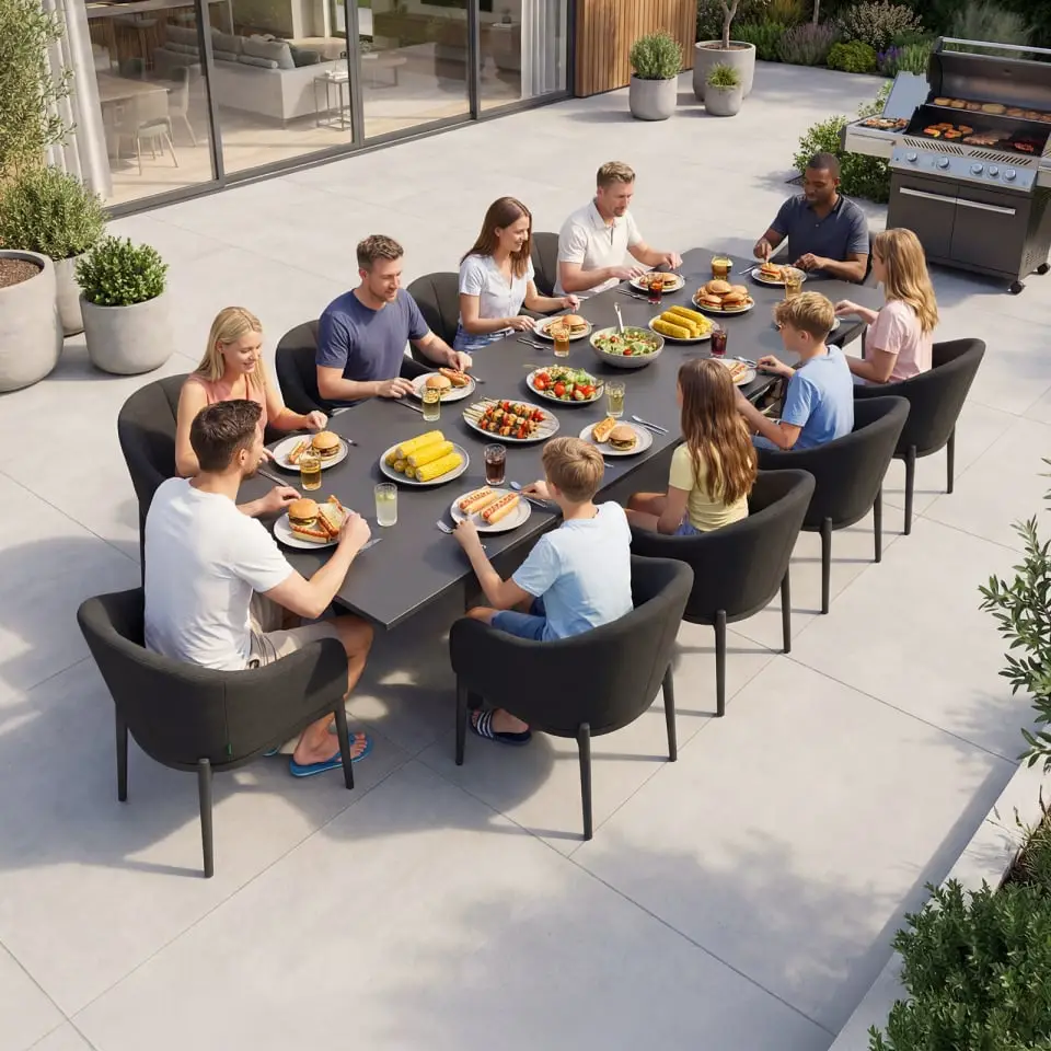Duke 10-12 Seat Fabric Aluminium Dining Set - Extending Table with 10 Chairs