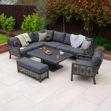 Caleb Grey Corner Sofa Set with Rising Table, Bench & Armchair