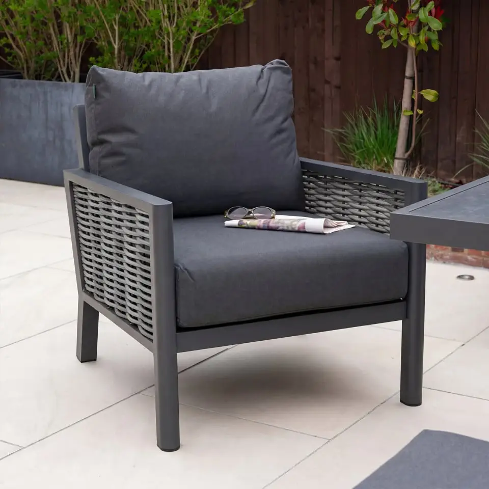 Caleb Corner Rattan Aluminium Dining Set - Armchair & Bench - Adjustable Rising Dark Grey Table