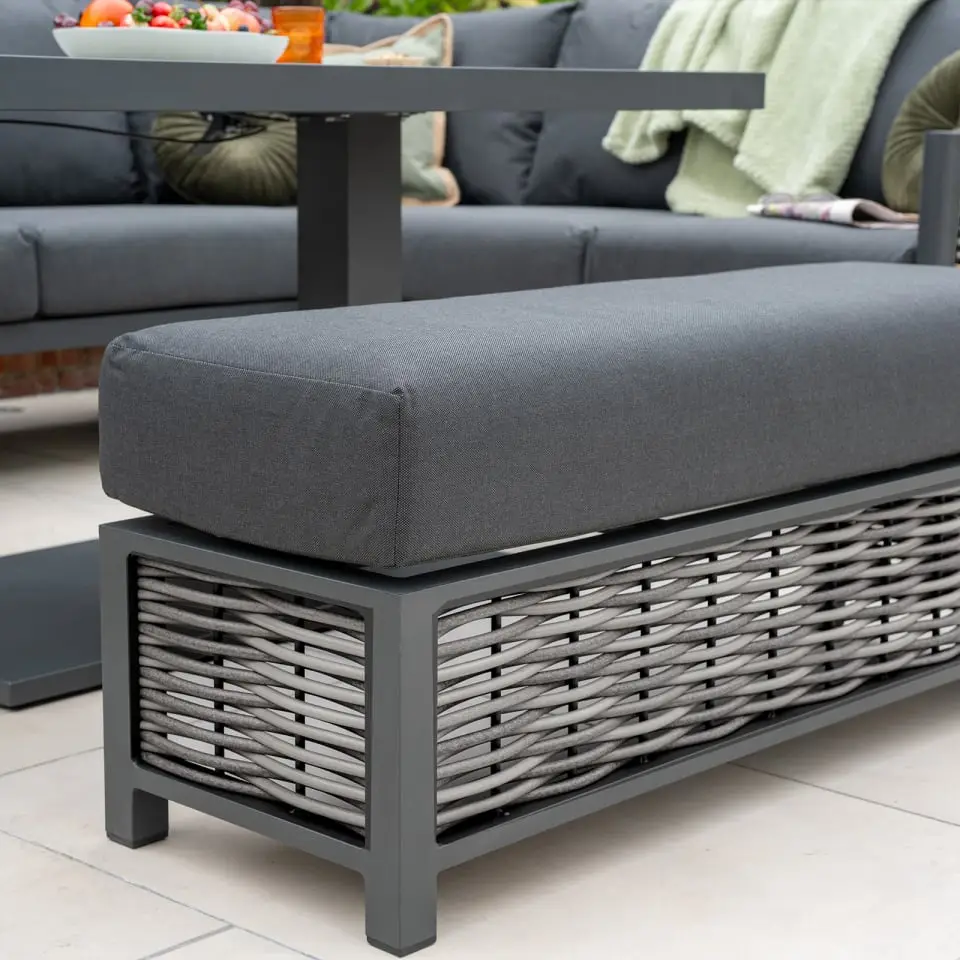 Caleb Corner Rattan Aluminium Dining Set - Armchair & Bench - Adjustable Rising Dark Grey Table
