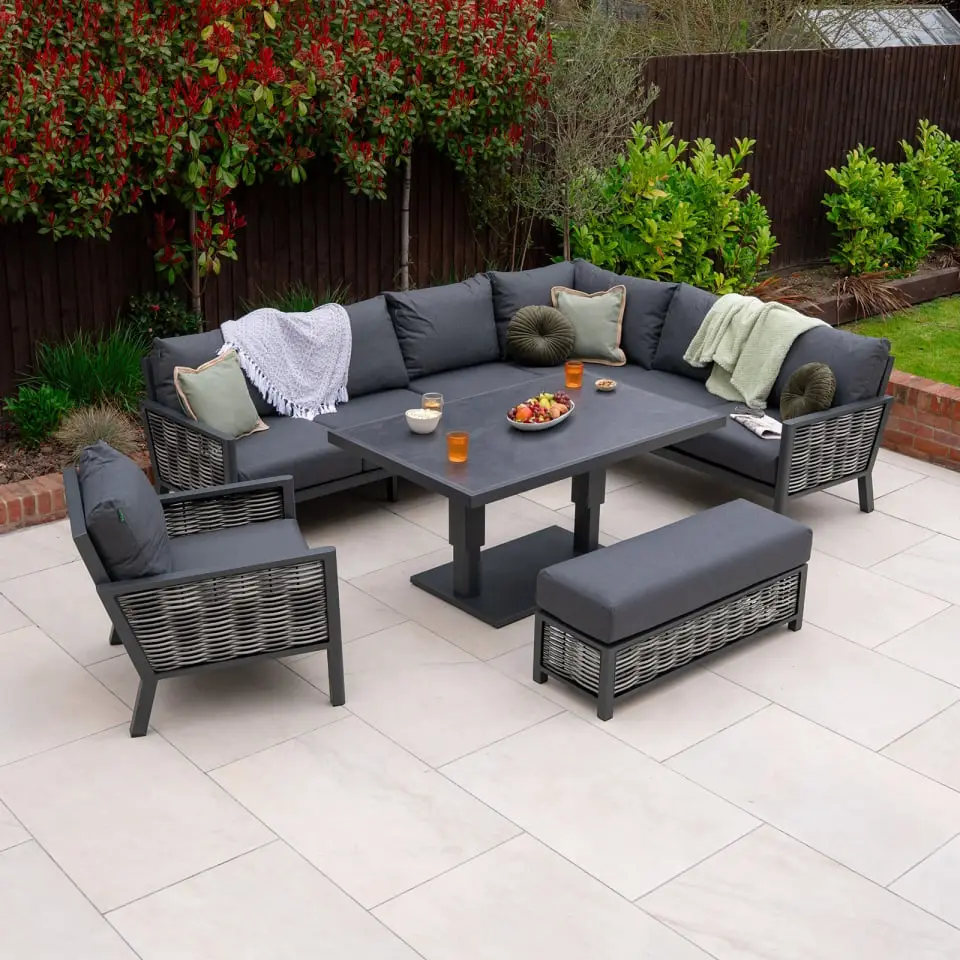 Caleb Corner Rattan Aluminium Dining Set - Armchair & Bench - Adjustable Rising Dark Grey Table