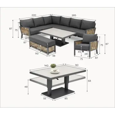 Caleb Corner Rattan Aluminium Dining Set - Armchair & Bench - Adjustable Rising Dark Grey Table