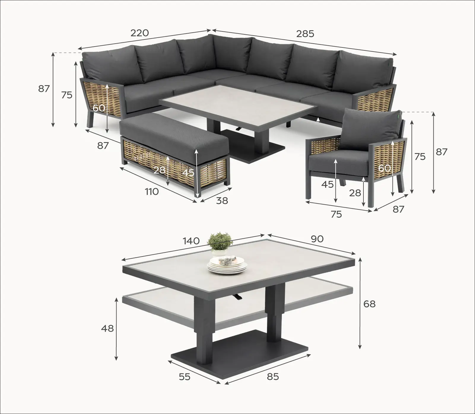 Caleb Corner Rattan Aluminium Dining Set - Armchair & Bench - Adjustable Rising Dark Grey Table