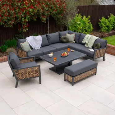 Caleb Grey Corner Sofa Set with Rising Table, Bench & Armchair