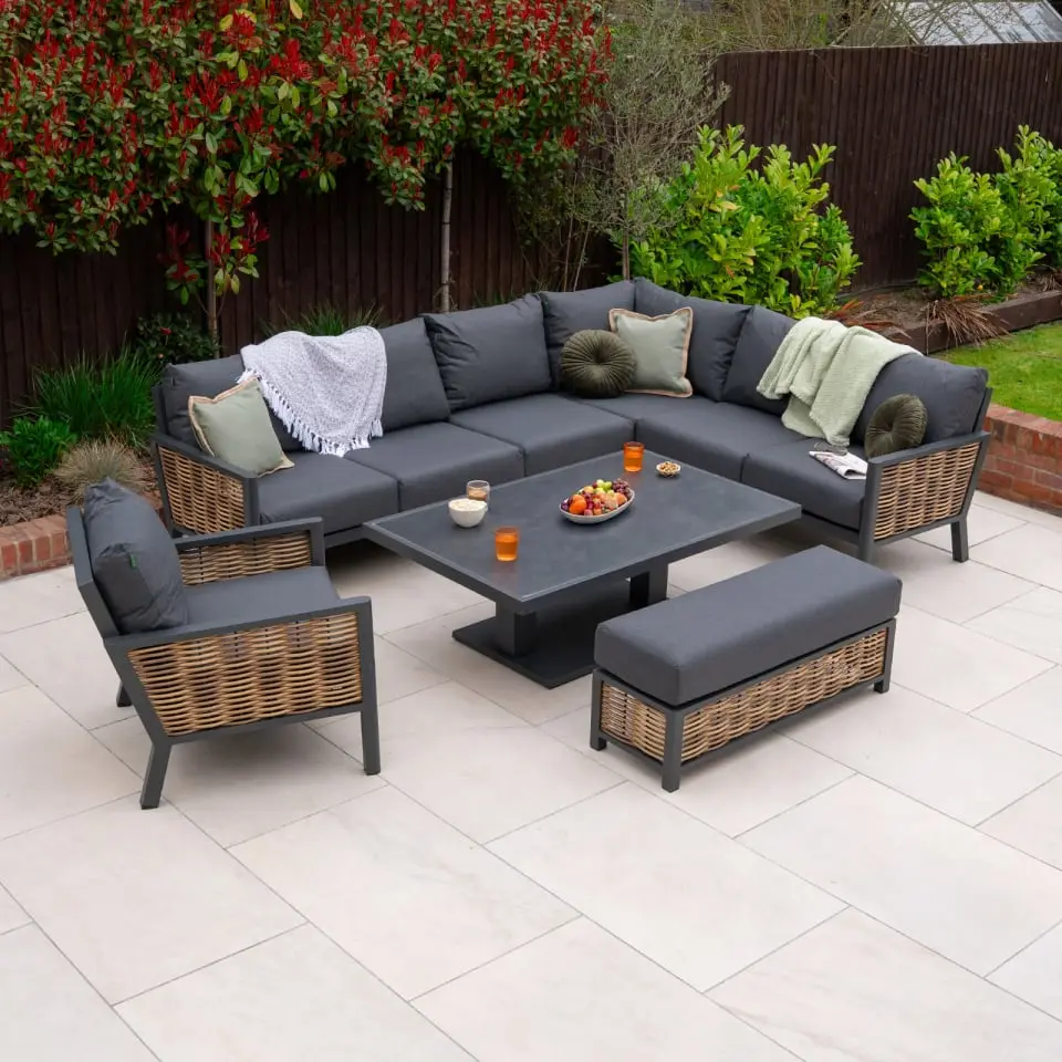 Caleb Corner Rattan Aluminium Dining Set - Armchair & Bench - Adjustable Rising Dark Grey Table