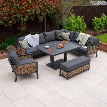 Caleb Grey Corner Sofa Set with Rising Table, Bench & Armchair