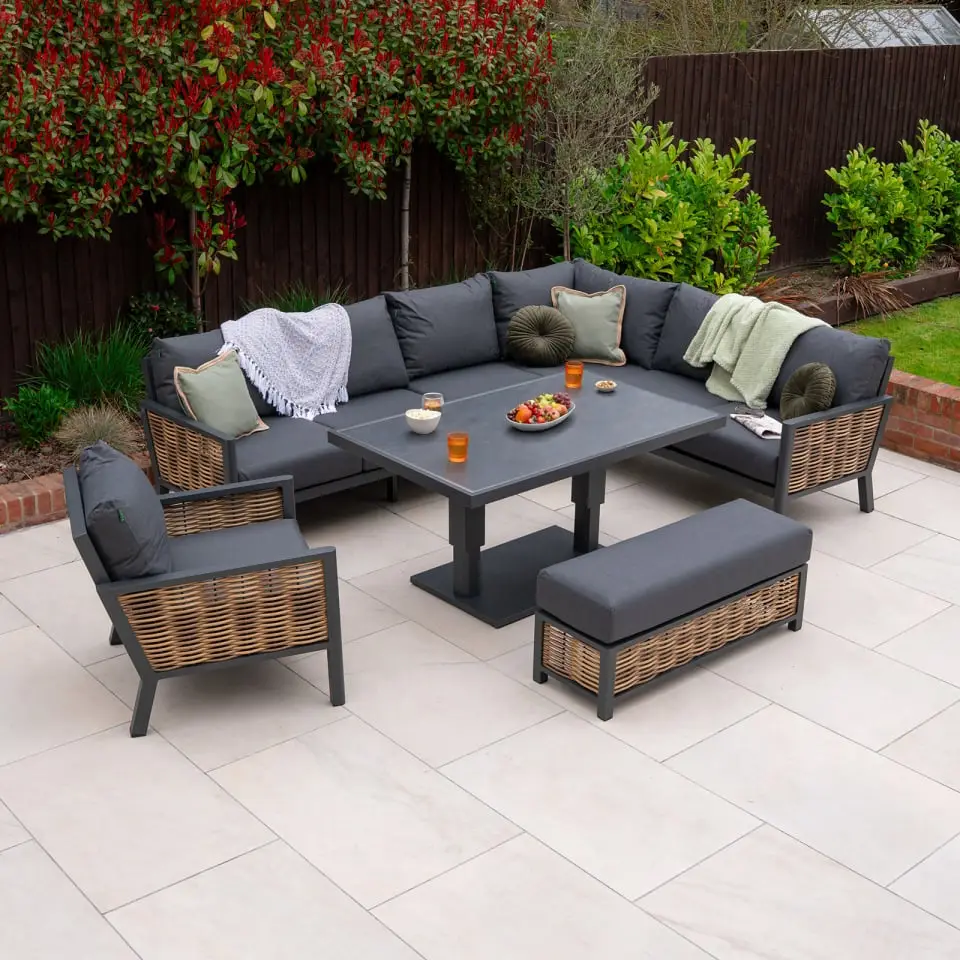 Caleb Corner Rattan Aluminium Dining Set - Armchair & Bench - Adjustable Rising Dark Grey Table