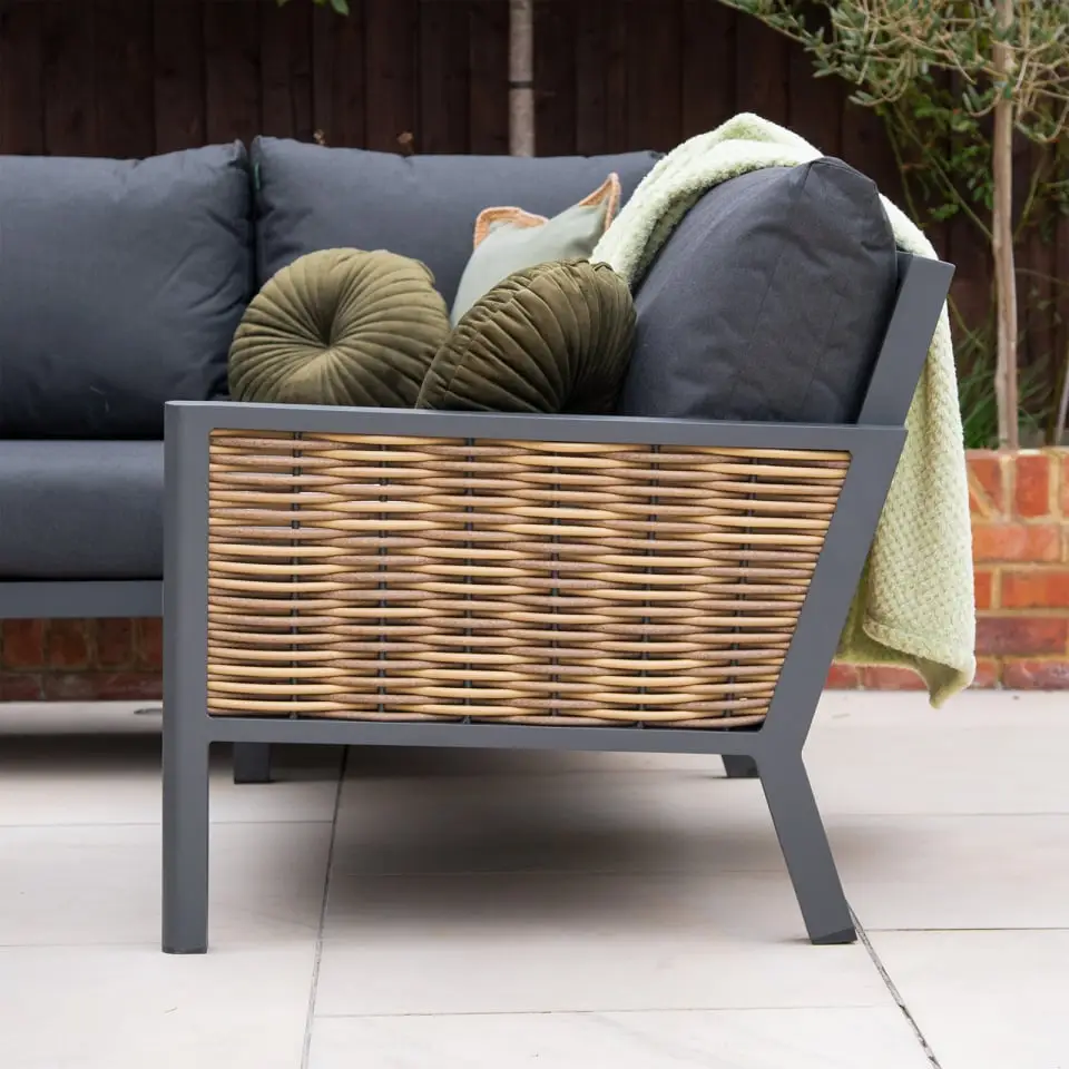 Caleb Corner Rattan Aluminium Dining Set - Armchair & Bench - Adjustable Rising Dark Grey Table