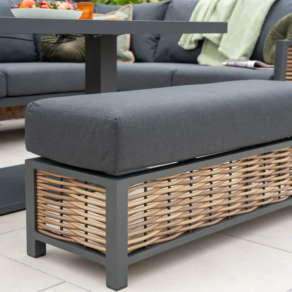 Caleb Corner Rattan Aluminium Dining Set - Armchair & Bench - Adjustable Rising Dark Grey Table