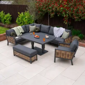Caleb Grey Corner Sofa Set with Rising Table, Bench & Armchair