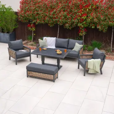 Caleb 3-Seater Outdoor Sofa Set with Rising Table & Bench – Grey
