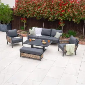 Caleb 3 Seater Rattan Aluminium Dining Set - 2 Armchairs & Bench - Adjustable Rising Dark Grey Table