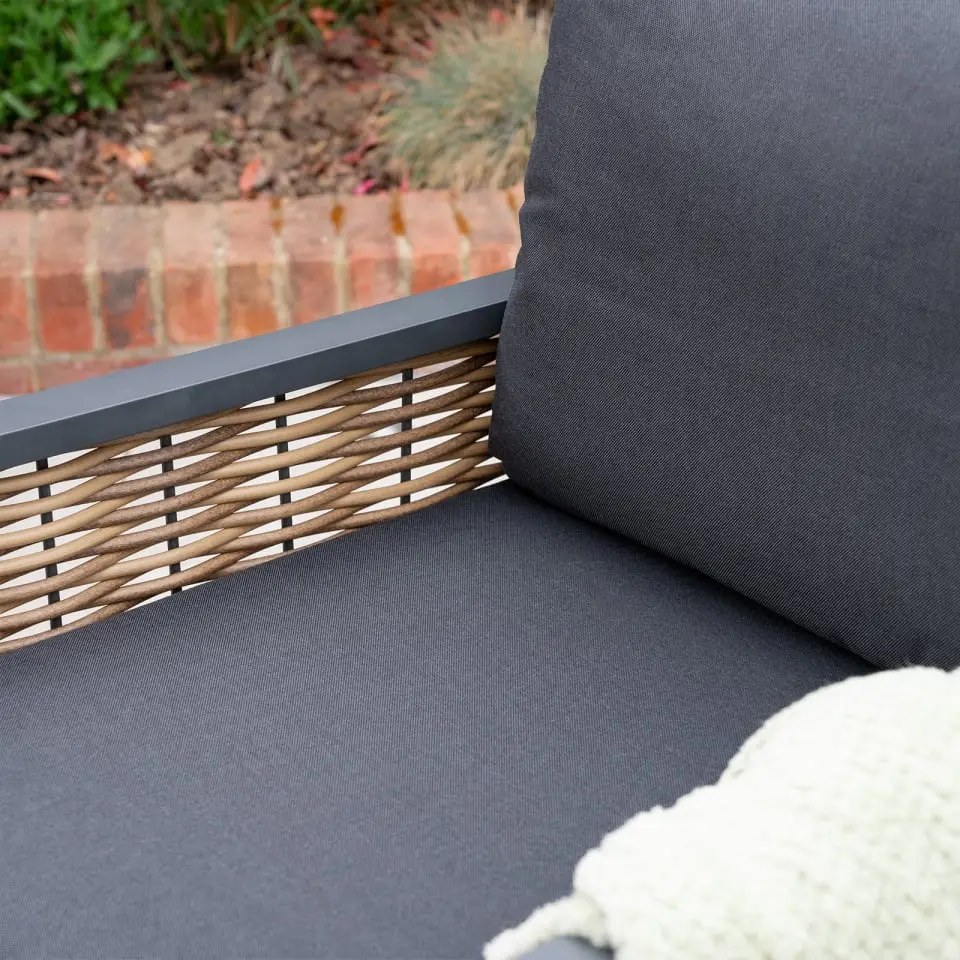 Caleb 3 Seater Rattan Aluminium Dining Set - 2 Armchairs & Bench - Adjustable Rising Dark Grey Table