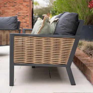 Caleb 3 Seater Rattan Aluminium Dining Set - 2 Armchairs & Bench - Adjustable Rising Dark Grey Table