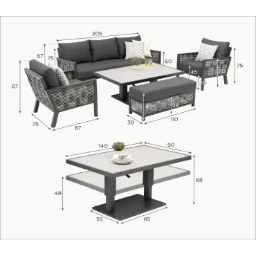 Caleb 3-Seater Outdoor Sofa Set with Rising Table & Bench – Grey