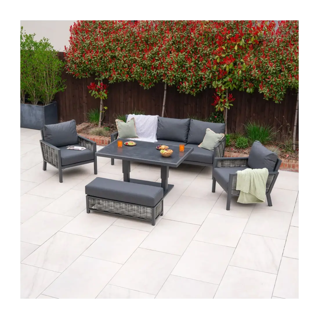 Caleb 3-Seater Outdoor Sofa Set with Rising Table & Bench – Grey Caleb 3-Seater Outdoor Sofa Set with Rising Table & Bench – Grey