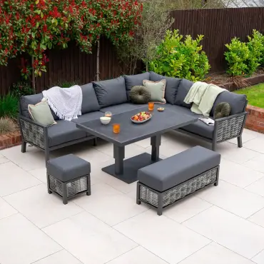 Caleb Corner Rattan Aluminium Dining Set - Bench & Stool - Adjustable Rising Dark Grey Table