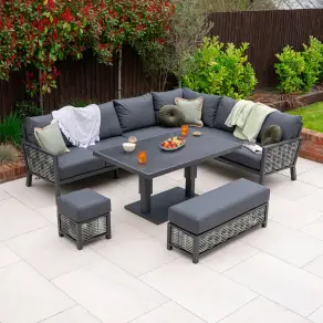 Caleb Corner Rattan Aluminium Dining Set - Bench & Stool - Adjustable Rising Dark Grey Table