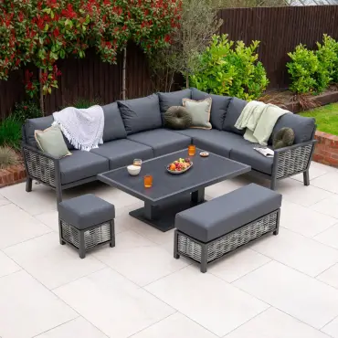 Caleb Corner Rattan Aluminium Dining Set - Bench & Stool - Adjustable Rising Dark Grey Table