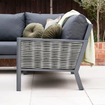 Caleb Corner Rattan Aluminium Dining Set - Armchair & Bench - Gas Fire Pit Dark Grey Table
