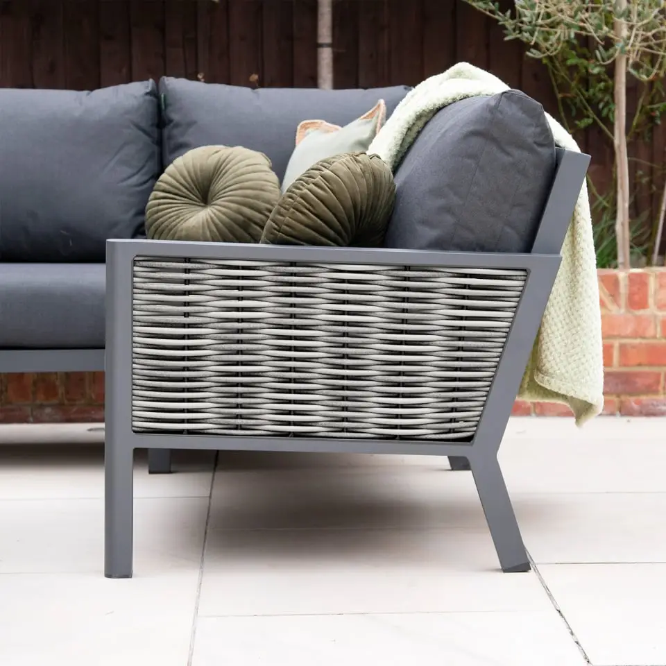 Caleb Corner Rattan Aluminium Dining Set - Armchair & Bench - Gas Fire Pit Dark Grey Table