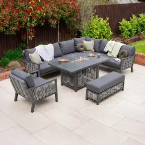 Caleb Corner Rattan Aluminium Dining Set - Armchair & Bench - Gas Fire Pit Dark Grey Table
