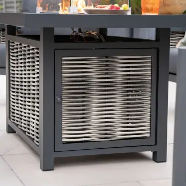 Caleb Corner Rattan Aluminium Dining Set - Armchair & Bench - Gas Fire Pit Dark Grey Table