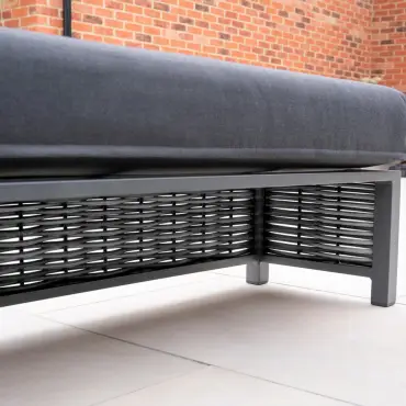 Caleb Corner Rattan Aluminium Dining Set - Armchair & Bench - Gas Fire Pit Dark Grey Table