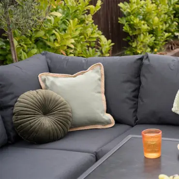 Caleb Corner Rattan Aluminium Dining Set - Armchair & Bench - Gas Fire Pit Dark Grey Table