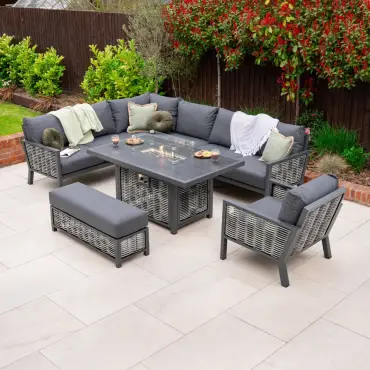 Caleb Corner Rattan Aluminium Dining Set - Armchair & Bench - Gas Fire Pit Dark Grey Table
