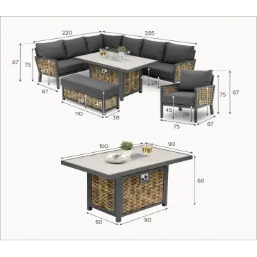 Caleb Corner Rattan Aluminium Dining Set - Armchair & Bench - Gas Fire Pit Dark Grey Table