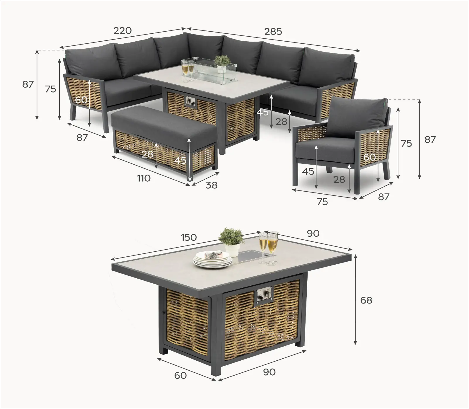 Caleb Corner Rattan Aluminium Dining Set - Armchair & Bench - Gas Fire Pit Dark Grey Table