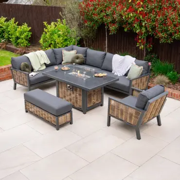 Caleb Corner Rattan Aluminium Dining Set - Armchair & Bench - Gas Fire Pit Dark Grey Table