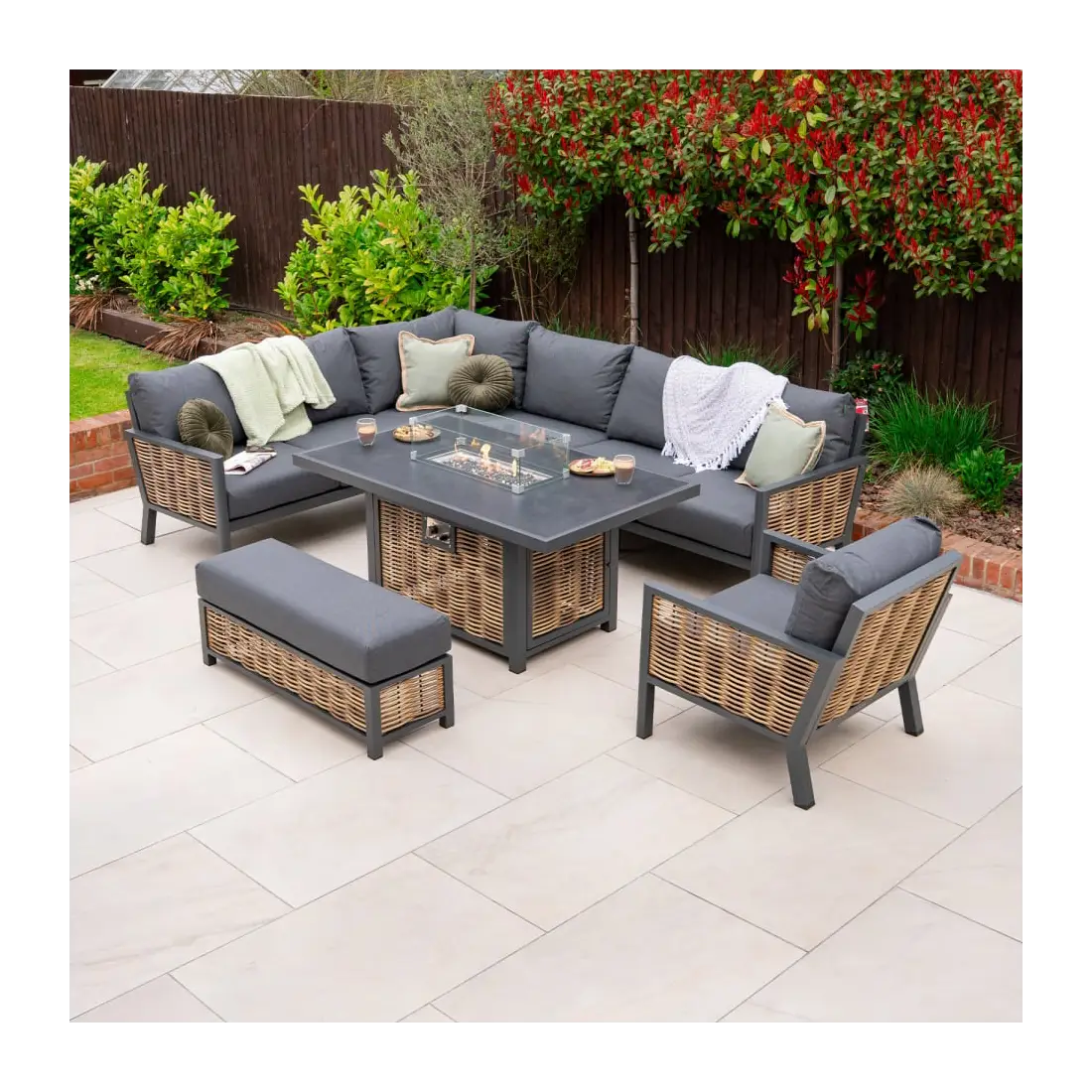 Caleb Corner Rattan Aluminium Dining Set - Armchair & Bench - Gas Fire Pit Dark Grey Table Caleb Corner Rattan Aluminium Dining Set - Armchair & Bench - Gas Fire Pit Dark Grey Table