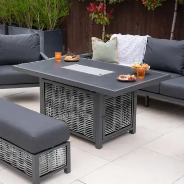 Caleb 3 Seater Rattan Aluminium Lounge Dining Set with 2 Armchairs and Bench - Gas Fire Pit Table