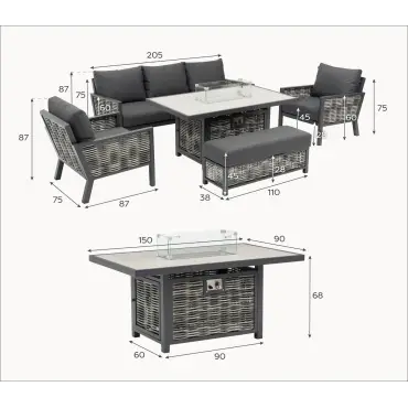 Caleb 3-Seater Lounge Dining Set with Fire Pit
